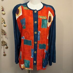 Vintage Women’s Wearable Art Sunflower Colorblock Made In USA Button Blouse